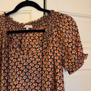 Black/orange silk Joie blouse with elephant print size Small
